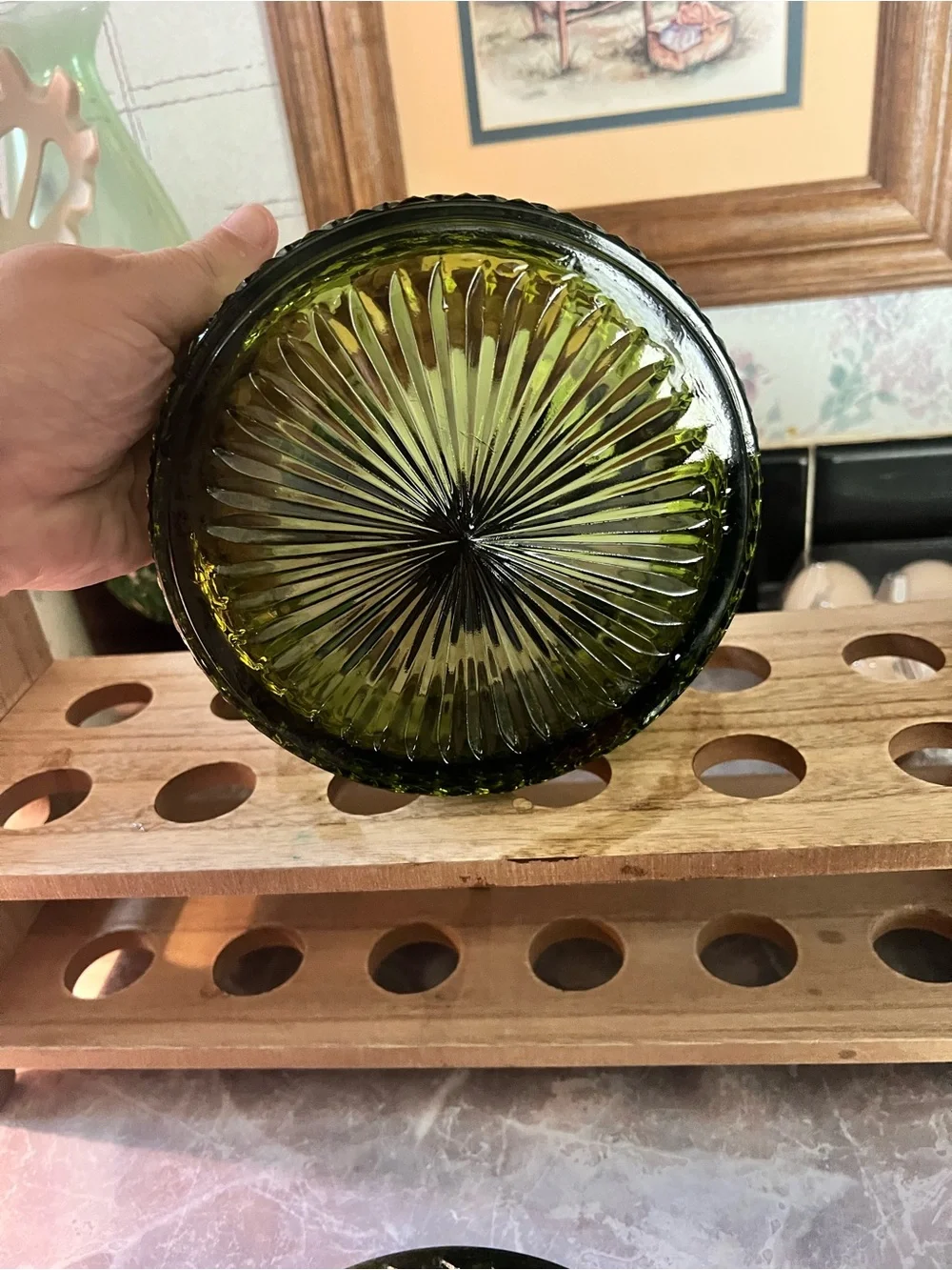 Vintage Indiana Glass candy dish in the Princess pattern and avocado green